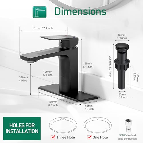 VOTON Vessel Sink Faucet Matte Black Tall Bathroom Faucet Single Handle Vanity Bathroom Sink Faucet 1 Hole Basin Mixer Tap with Water Supply Hose and Pop Up Sink Drain