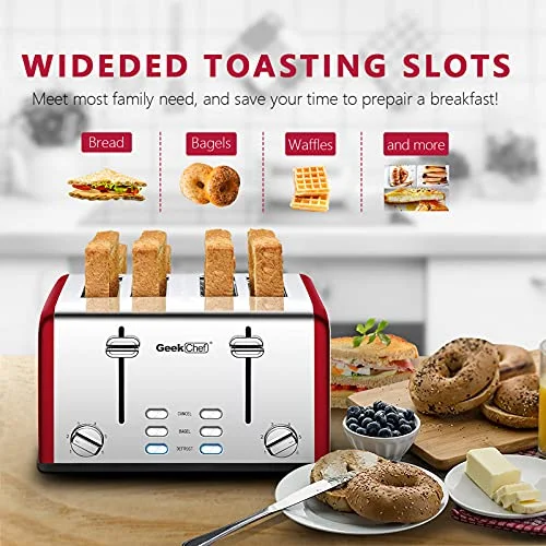 Geek Chef 4 Slice Extra Wide Slots Toaster Bagel Stainless Steel, Red (Used)