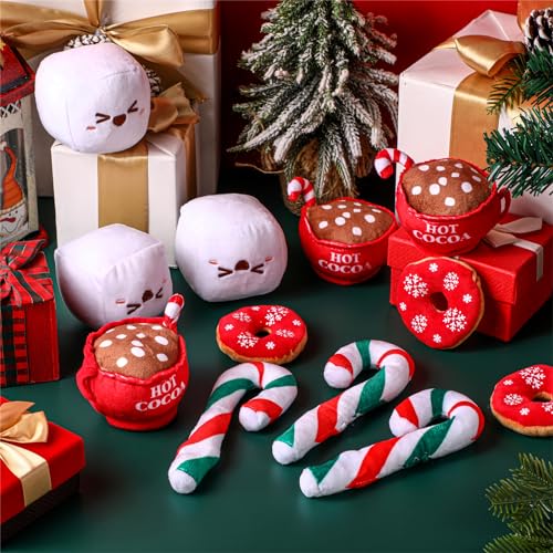 Syhood 12 Pack Dog Toys in Coffee Theme Squeaky Dog Toys Gift for Small Medium Dogs Interactive Pet Chew Toys Include Marshmallow, Hot Cocoa Cup, Candy Cane, Donut