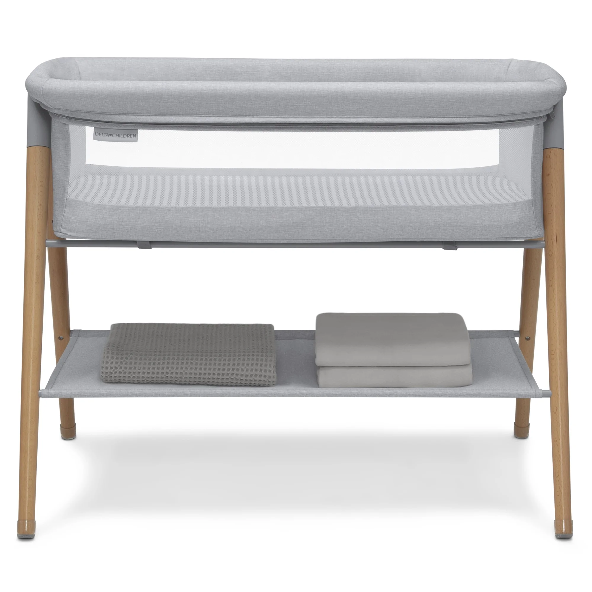 Delta Children Haven Beechwood by the Bed Bassinet with Breathable Mesh and  Natural Beechwood Legs, Grey Stripe