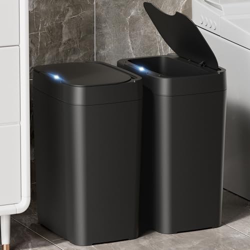 2 Pack 2.7 Gal Bathroom Trash Can with Lid, Automatic Trash Can Small Smart Garbage Can Touchless, Slim Motion Sensor Waterproof Plastic Trash Bins for Bedroom Office Kitchen Toilet