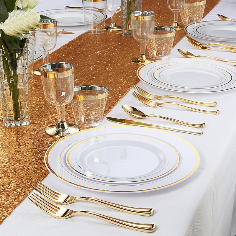 M MCIRCO 175 Piece Gold Dinnerware Set - 50 Gold Rim Plastic Plates - 25 Gold Plastic Silverware - 25 Gold Plastic Cups - 25 Gold Paper Napkins, 25 Guest Disposable Gold Dinnerware Set