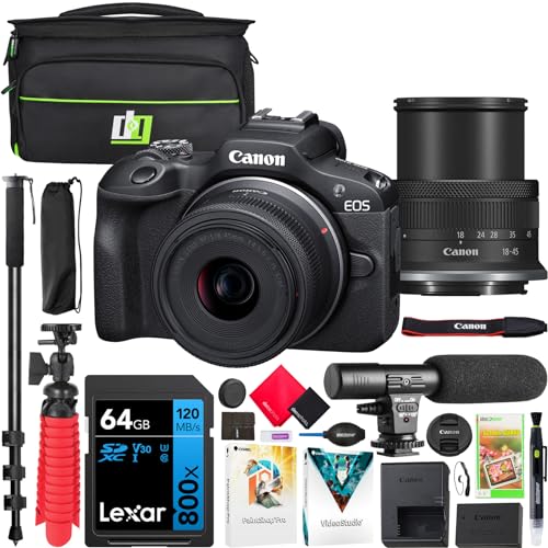 Canon EOS R100 Mirrorless Camera Body with RF-S 18-45mm F4.5-6.3 IS STM Lens Bundle with Deco Gear Photography Bag + Microphone + Monopod + Software & Accessories Kit