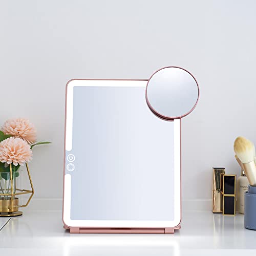 Foldable Double Sided Tabletop Mirror - Rechargeable Lighted Magnifying Mirror 10 X and 1X，3 Colors Light - Adjustable Foldable Handle for Makeup/Travel and Blackhead Removal.