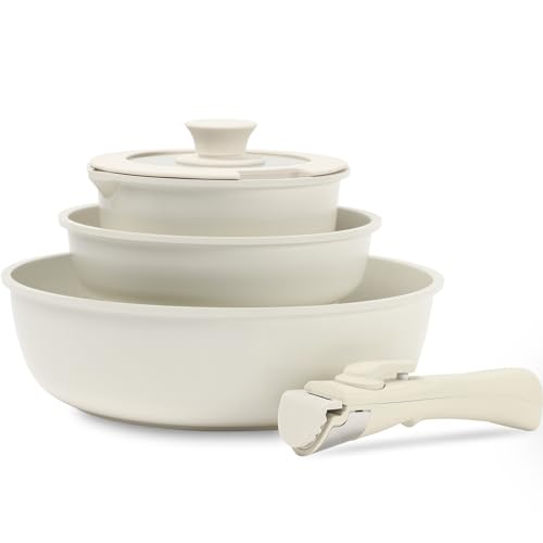 ESLITE LIFE Nonstick Cookware Sets with Detachable Handle, 5 Pcs Granite Coating Pots and Pans Set Kitchen Cooking Set, PFOA Free, Cream