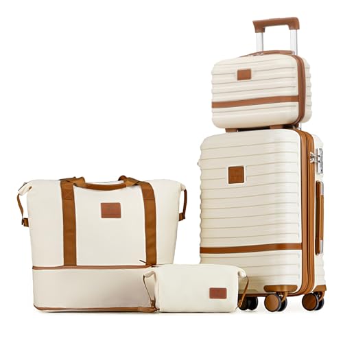 Joyway Carry On Luggage 20 Inch Expandable Suitcase with Spinner Wheel, 4 Piece Hard Shell Luggage Set with TSA Lock(White brown)