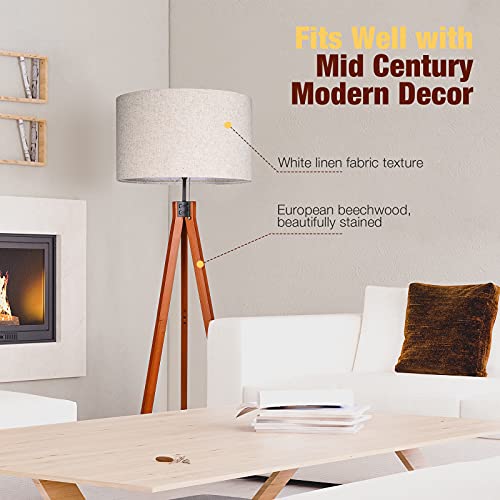 Wood Tripod Floor Lamp, 3 Color Temperatures Mid Century Modern Boho Floor Lamp, Tall Standing Lamps for Living Room Bedroom Office, Flaxen Lamp Shade with E26 Lamp Base