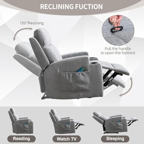 Phoenix Home Manual Recliner Chair with Massage and Heat Ergonomic Overstuffed Breathable Fabric Reclining Chair with 2 Side Pockets, 2 Cup Holders, Remote Control, Living Room, Bedroom, Gray