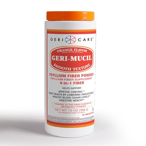 Geri-Mucil Psyllium Powder By GeriCare|4-In-1 Orange-Flavor Psyllium Husk Powder| Daily Fiber Supplement| Sweetened Gluten-Free Fiber Drink Mix| Water-Soluble Husk Fiber Powder For Bowel Movement|13oz