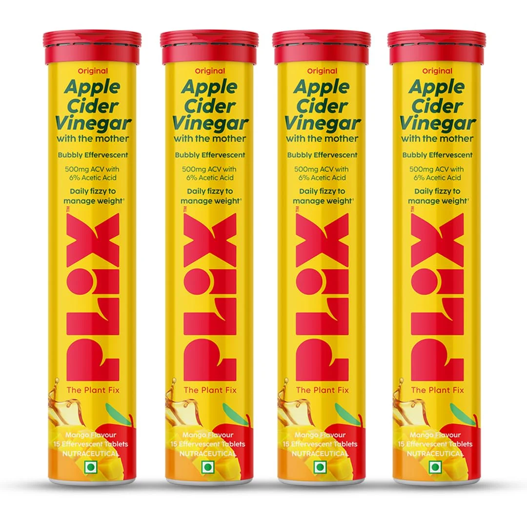 PLIX - THE PLANT FIX Apple Cider Vinegar 15 Effervescent Tablets with mother for weight loss & easy digestion, vitamin B6 & B12, Pack of 4 (Mango), 100% vegan, Easy to carry & consume