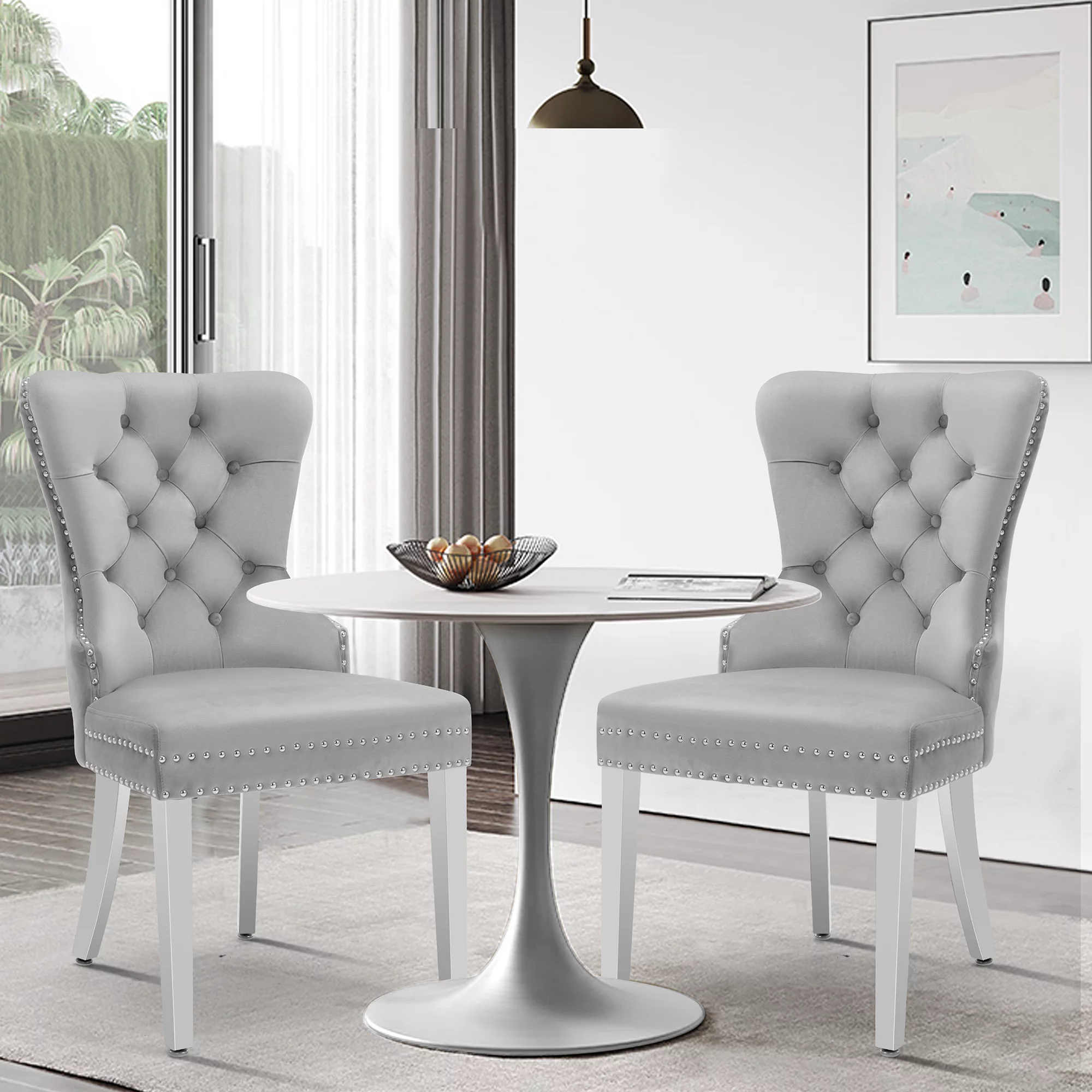 Foredo Velvet Dining Chairs Set of 2, Modern Upholstered Wingback Dining Chair with Metal Legs, Side Chairs with Button Tufting for Dining Room Living Room, Light Gray