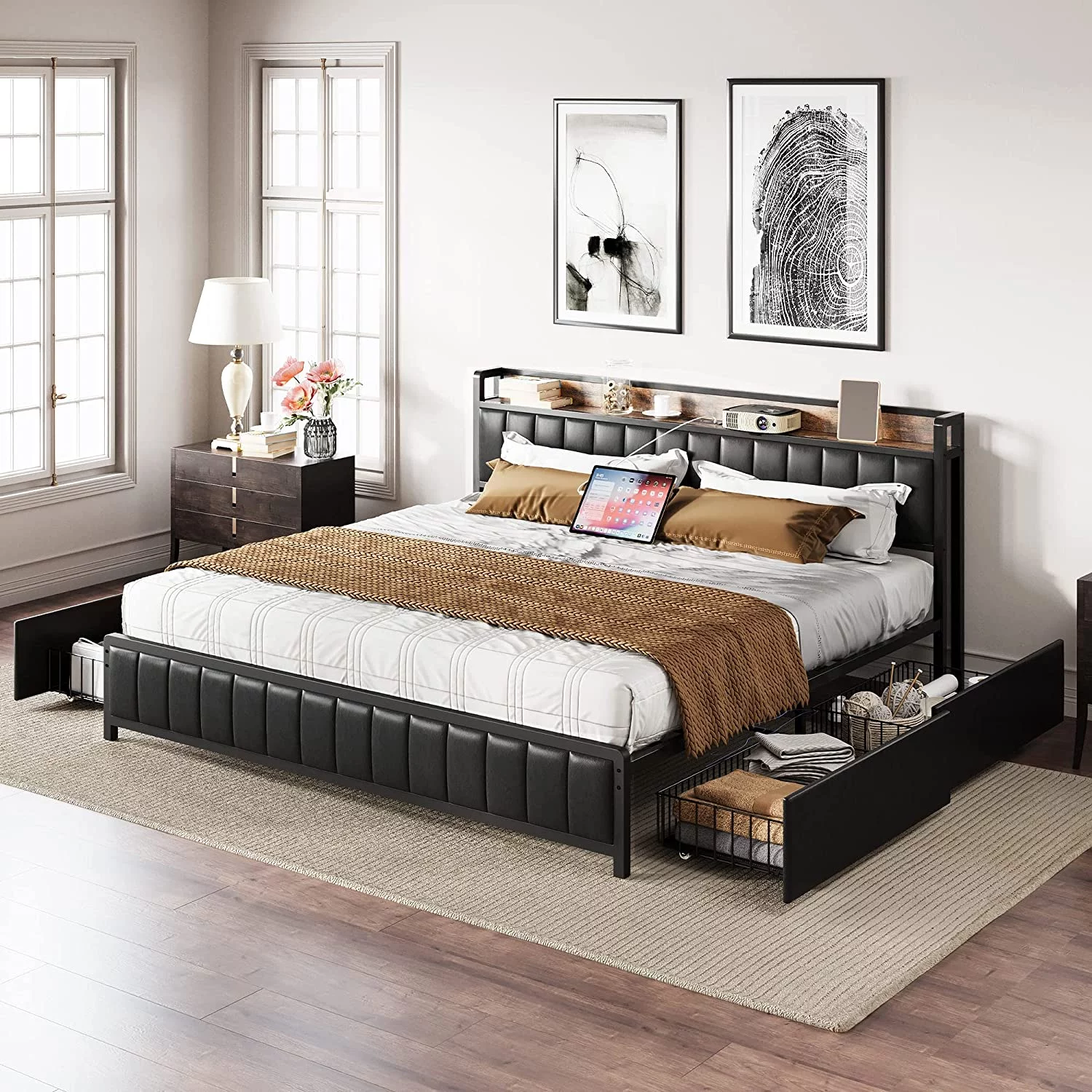 ANCTOR King Bed Frame with Storage Drawers and Upholstered Platform Bed, USB Ports & Outlets.