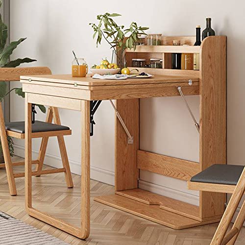 Home Fold Out Wall Table, Wall Mounted Dining Table, Hideaway Desk with Storage Shelf, Wooden Extendable Desk, Space Saving Multifunction Table for Dining Room Kitchen Small Apartment