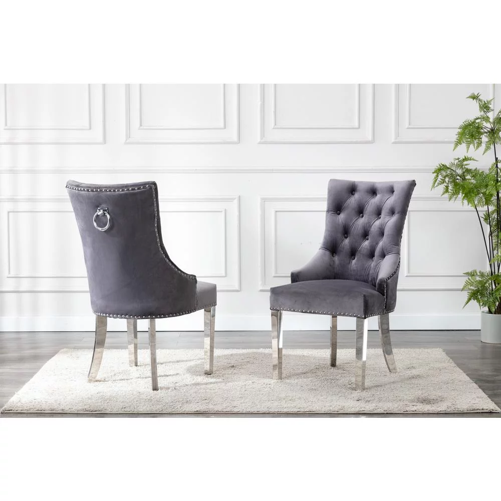 Double Tufted Gray Velvet Side Chairs w/ Silver Stainless Steel Legs (Set of 2)