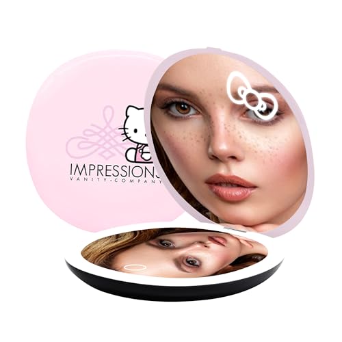 Impressions Vanity Hello Kitty Swirl Compact Mirror with Light, Double Sided Cute Travel Makeup Mirror with Magnification, Daylight LED Lighting and Adjustable Brightness (White)
