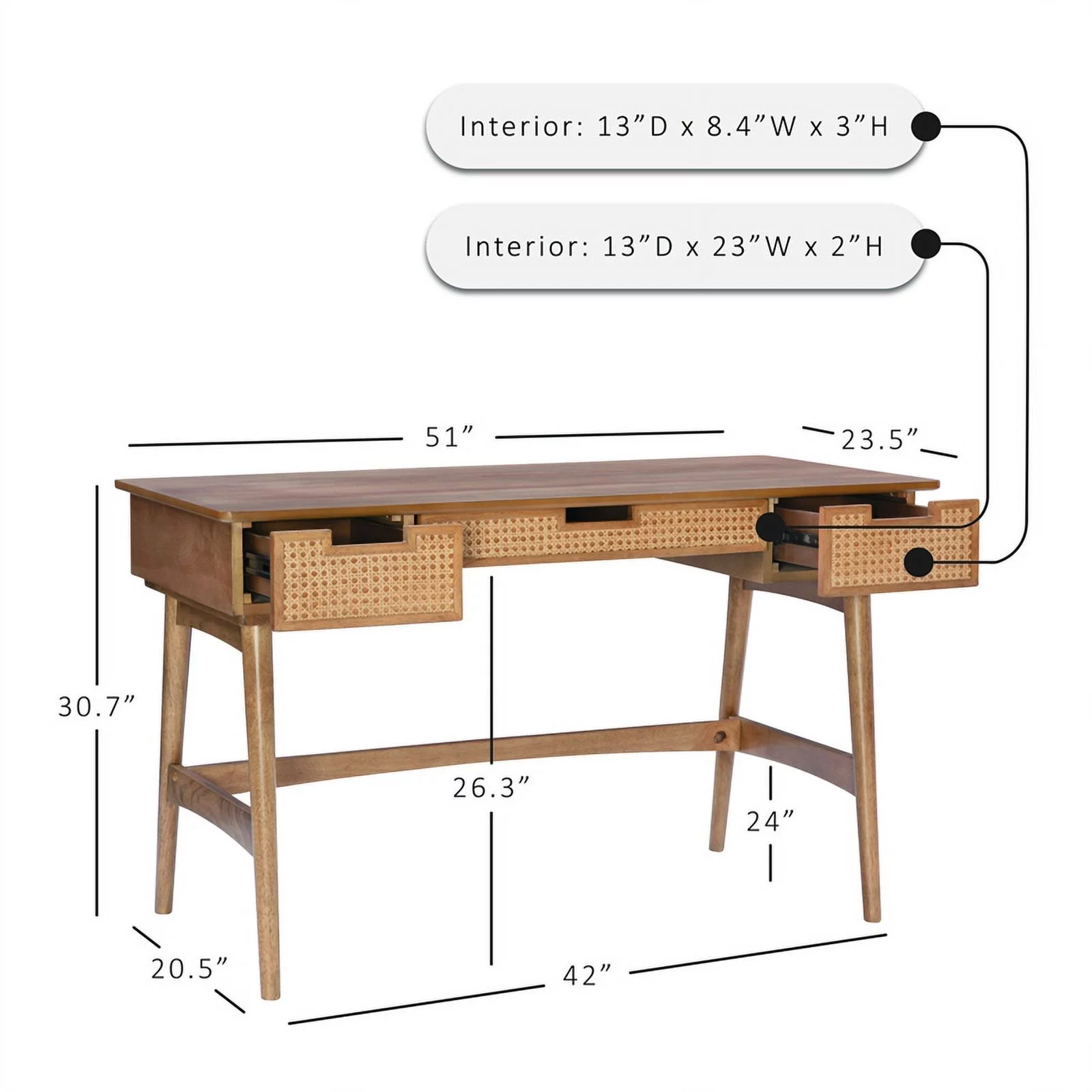 Linon Luca Rattan Wood Desk with Drawers in Natural