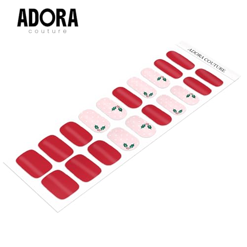 Semi-Cured Gel Nail Strips - 20 Salon-Quality Gel Sticker with UV Light Required, Long Lasting, Easy Application & Removal, Includes Prep Pad, Nail File, Wooden Stick (Merry Mistletoe)