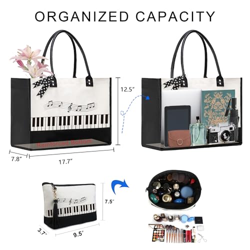 BeeGreen Mother's Day Gifts Personalized Women's Large White and Black Canvas Tote Bag, Embroidered Initials, Leather Handle, Zipper Closure