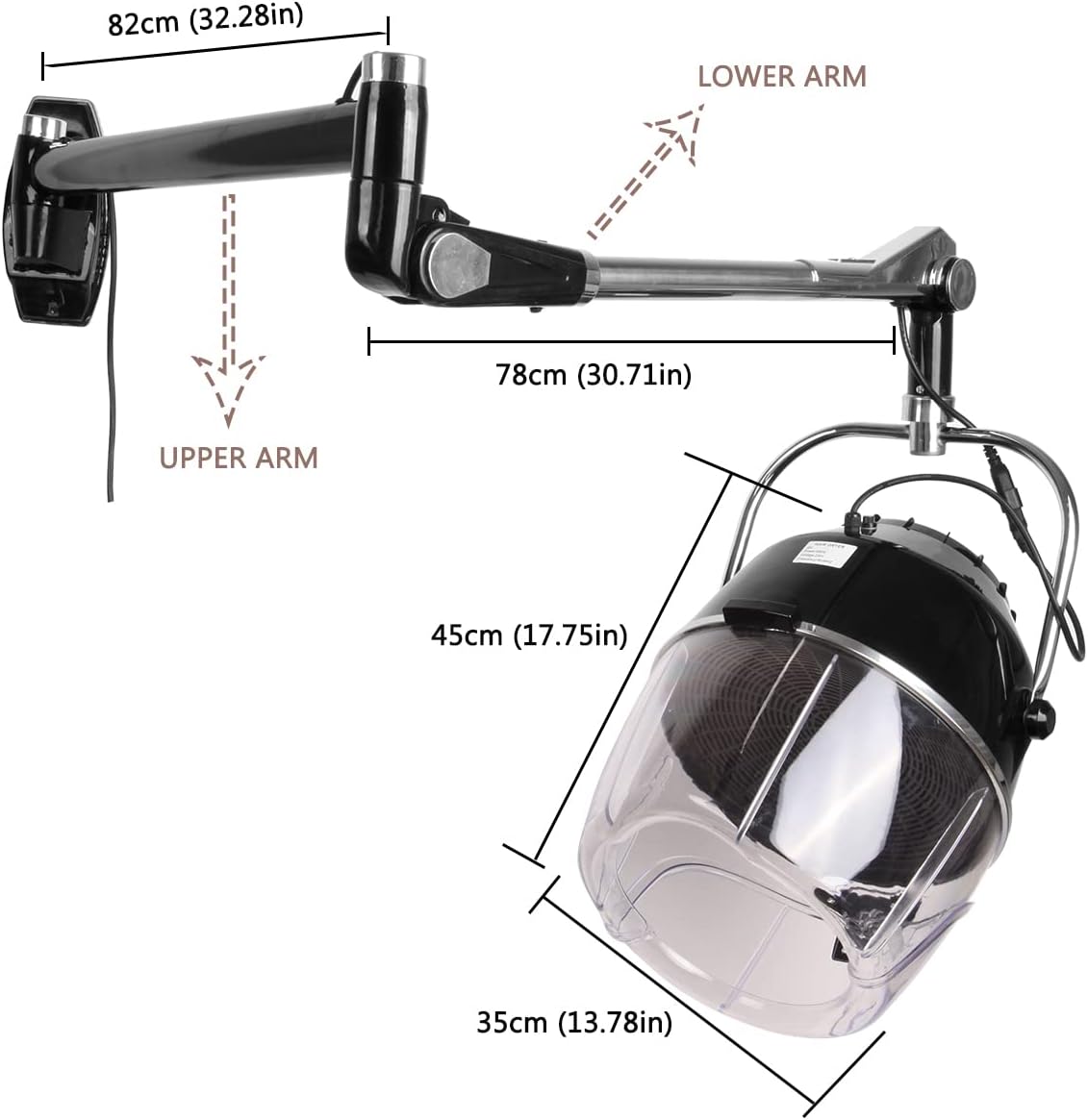 Samger Retractable 900W Wall Mounted Hair Hood Dryer Professional Hair Dryer with Flexible Swivel Arm Built-in 60min Timer Adjustable Temperature 70℃ Beauty Barber Spa Equipment Fits Concrete Wall