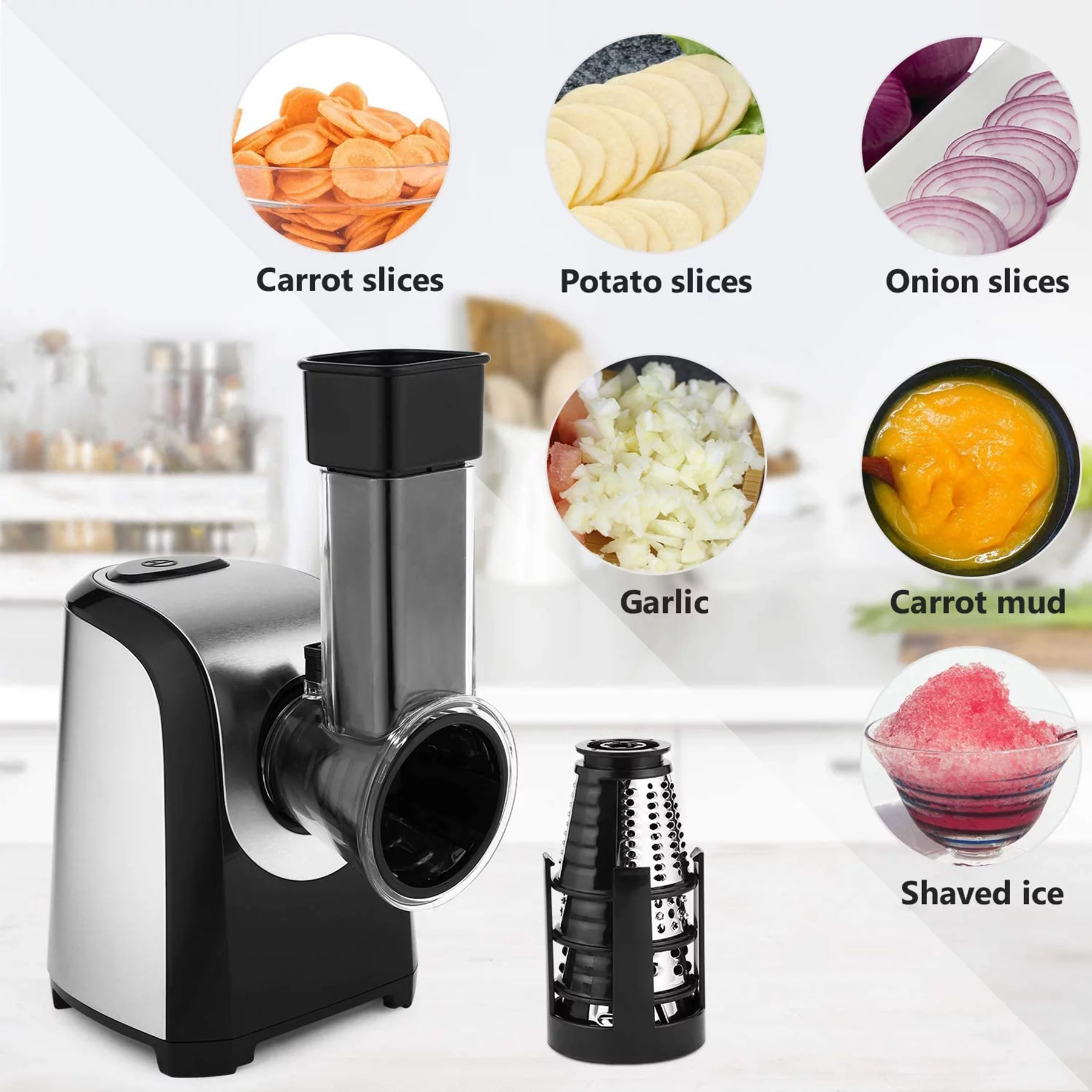 Qhomic Electric Cheese Grater,5 in-1 Professional Electric Vegetable Slicer Rotary Electric Gratersr/Salad/Chopper/Shooter with One-Touch Control with 5 Free Attachments,150W