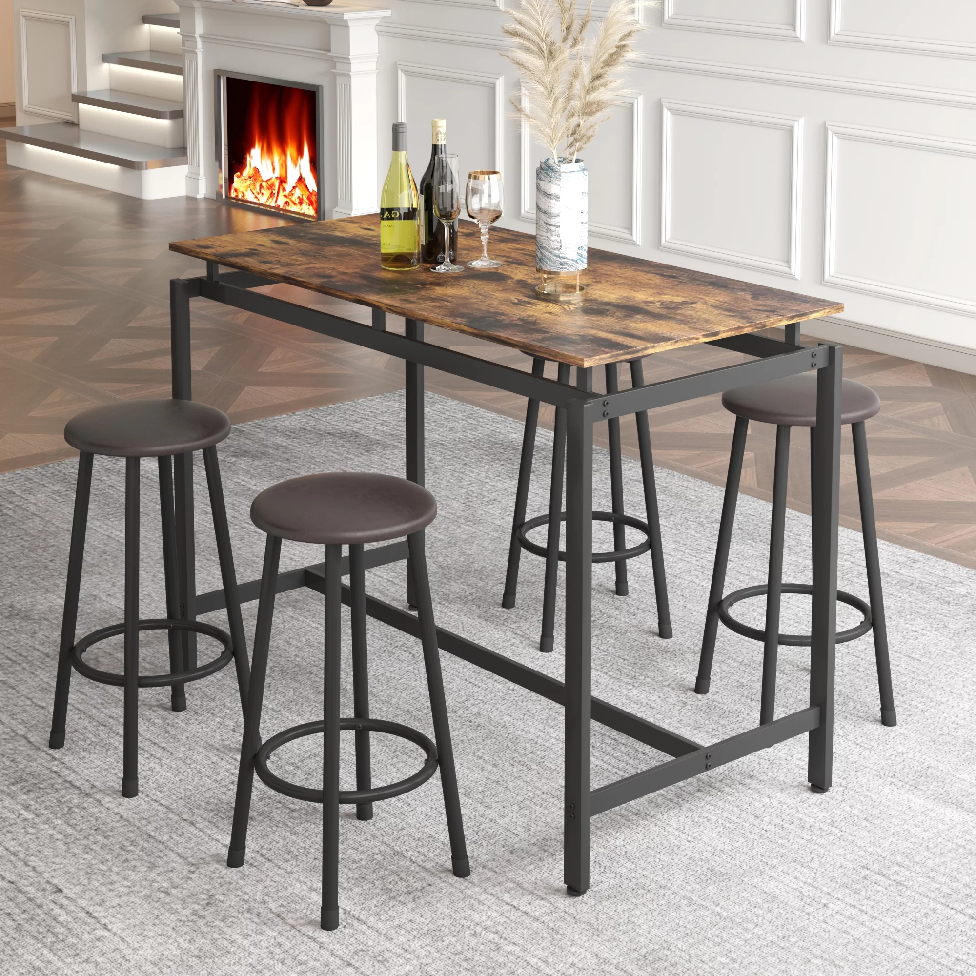 5 Pieces Dining Table Set, SYNGAR Counter Height Dining Bar Table Set with 4 Round Cushioned Stools, Pub Bistro Set with Rustic Brown Tabletop, for Bar, Home, Kitchen, D8730
