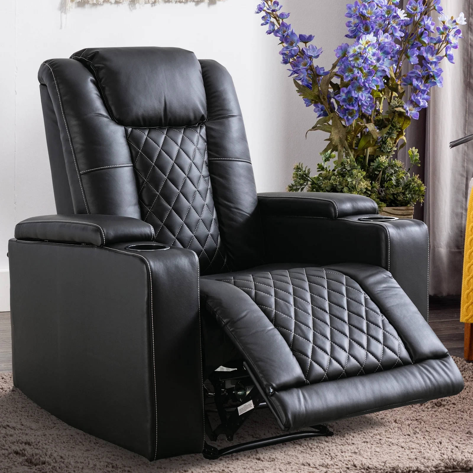 Bonzy Home Electric Power Recliner Chair with USB Ports and Cup Holders, Home Theater Seating with Hidden Arm Storage，Black