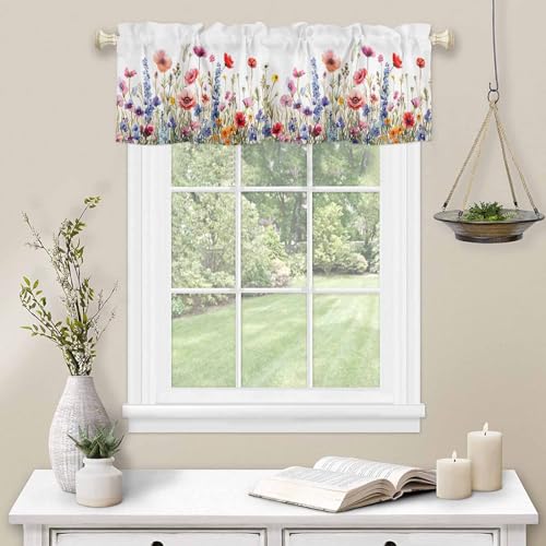 Spring Valance for Windows Kitchen Living Room Valances Rod Pocket Bathroom Small Window Treatment Floral Wild Flower 1 Panel, 42 x 12 Inch