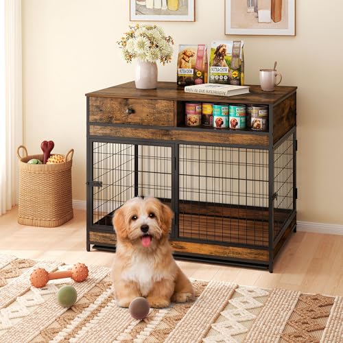 Dog Crate Furniture, 31.5 Inch Dog Kennel with Storage Drawer, Double Doors Heavy Duty Dog Cage with Removable Tray, Indoor Wooden Pet Crate for Small Medium Dogs, Rustic Brown