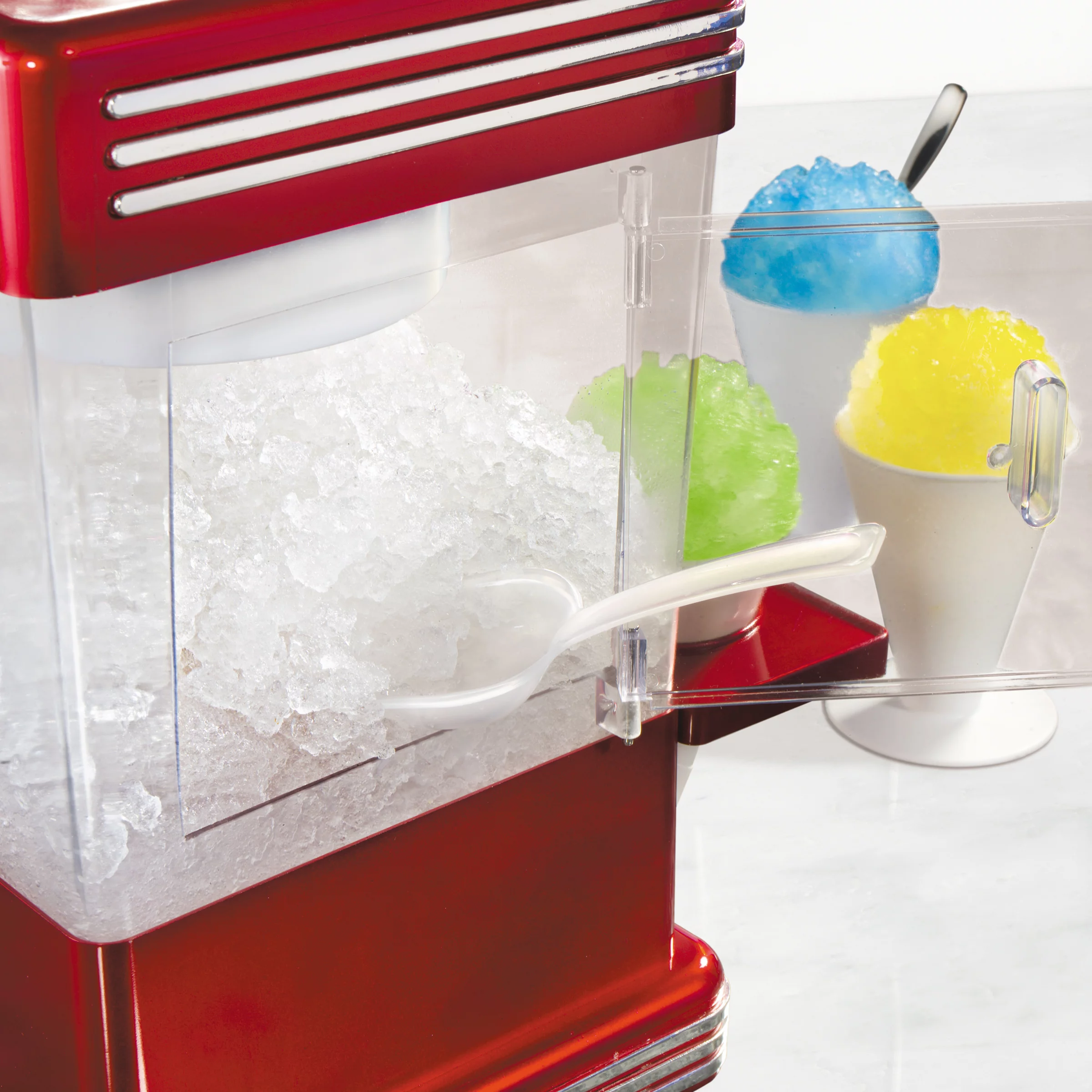 Nostalgia Snow Cone Maker Tabletop Shaved Ice Machine with 2 Reusable Cones & Ice Scoop, Red