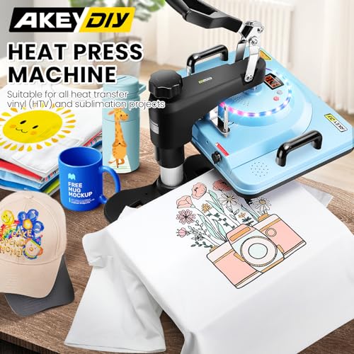 AKEYDIY Heat Press, Heat Press Machine for T Shirts 12''x15'', Tshirt Press Machine for Sublimation Mugs, Plates, Caps, 360° Swing Away Heat Transfer Machine Combo (12x15 Light Blue-8)