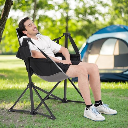Hammock Camping Chair, Portable Folding Swinging Chairs with Headrest and Cup Holder, Outdoor Oversized Rocker Seat with Adjustable Back and Metal Frame for Camping, Patio, Garden, Black