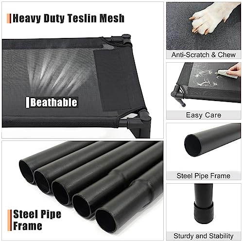 Elevated Dog Bed for Large Dogs, Raised Dog Cot Fits Up to 120 LBs, Heavy Duty Pet Cots with Durable Supportive Teslin Recyclable Washable Mesh, Indoor & Outdoor Pet Bed, Black