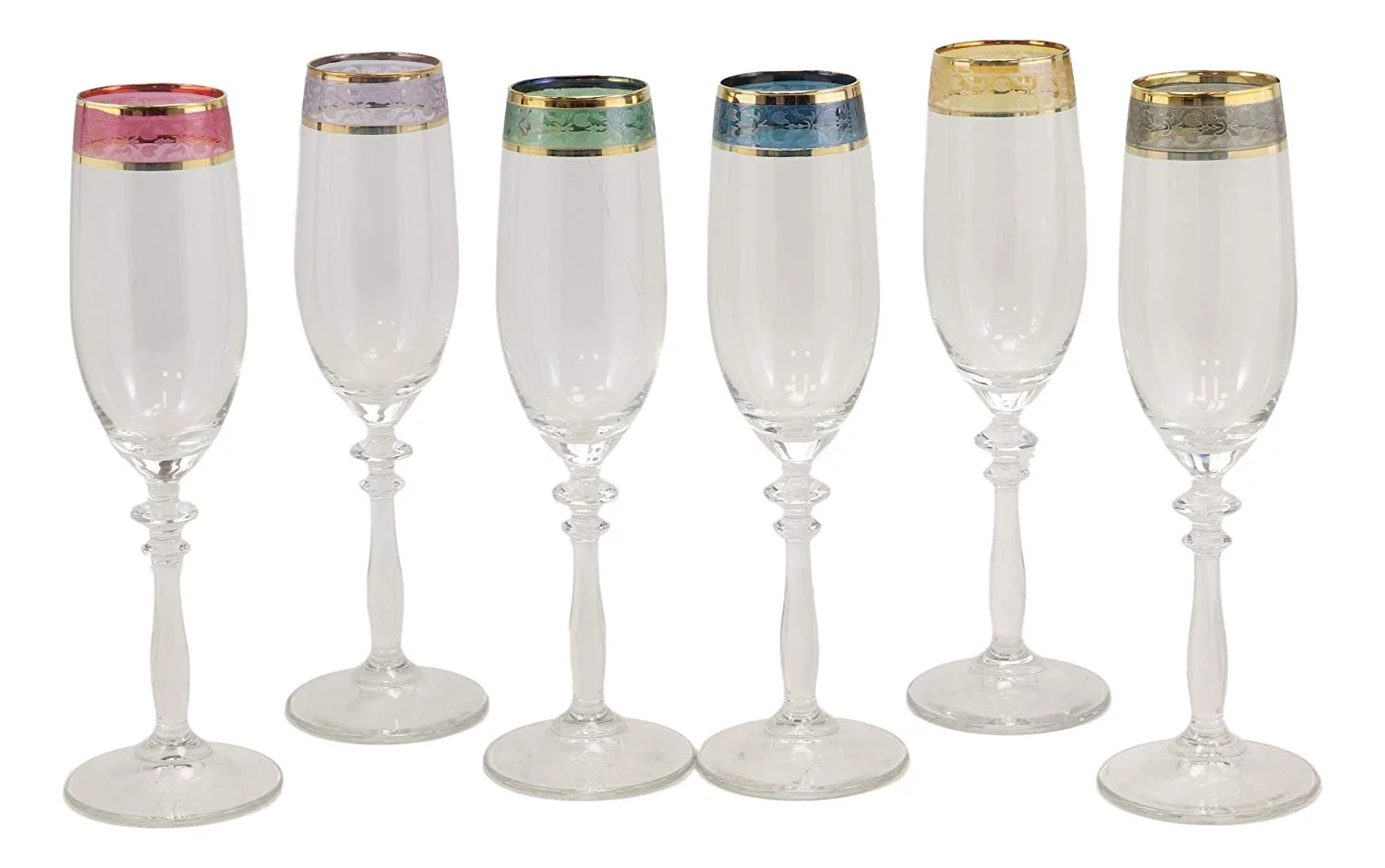 Italian Set of 6 Colorful Floral Champagne Flute Wine Glasses With Gold Accents
