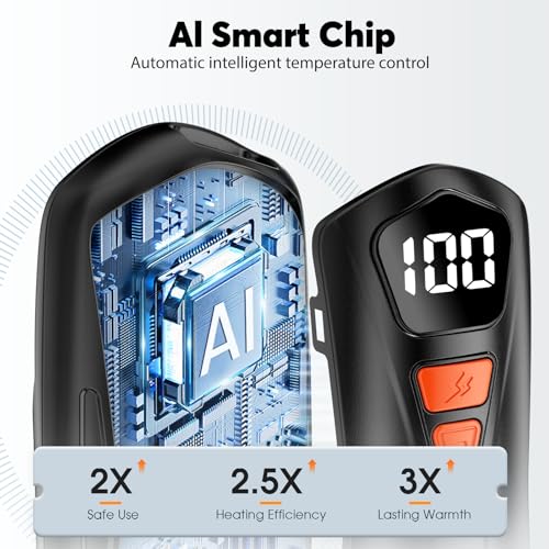 AI Hand Warmers Rechargeable 2 Pack, AI Smart Chips Electric Hand Warmers, Long Lasting Safe Heat, Portable Pocket Heater, Gifts for Christmas, Outdoor, Golf, Hunting, Camping Accessories -Black