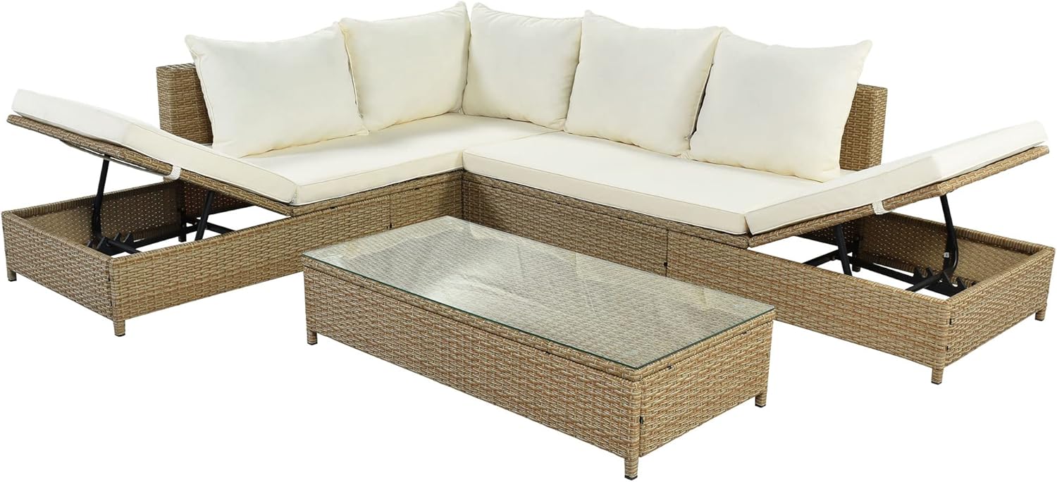 3-Piece Patio Furniture, Weather PE Rattan Wicker Sectional Sofa Set with Adjustable Chaise Lounge Frame and Tempered Glass Table, Washable Pillow&Cushion, Natural
