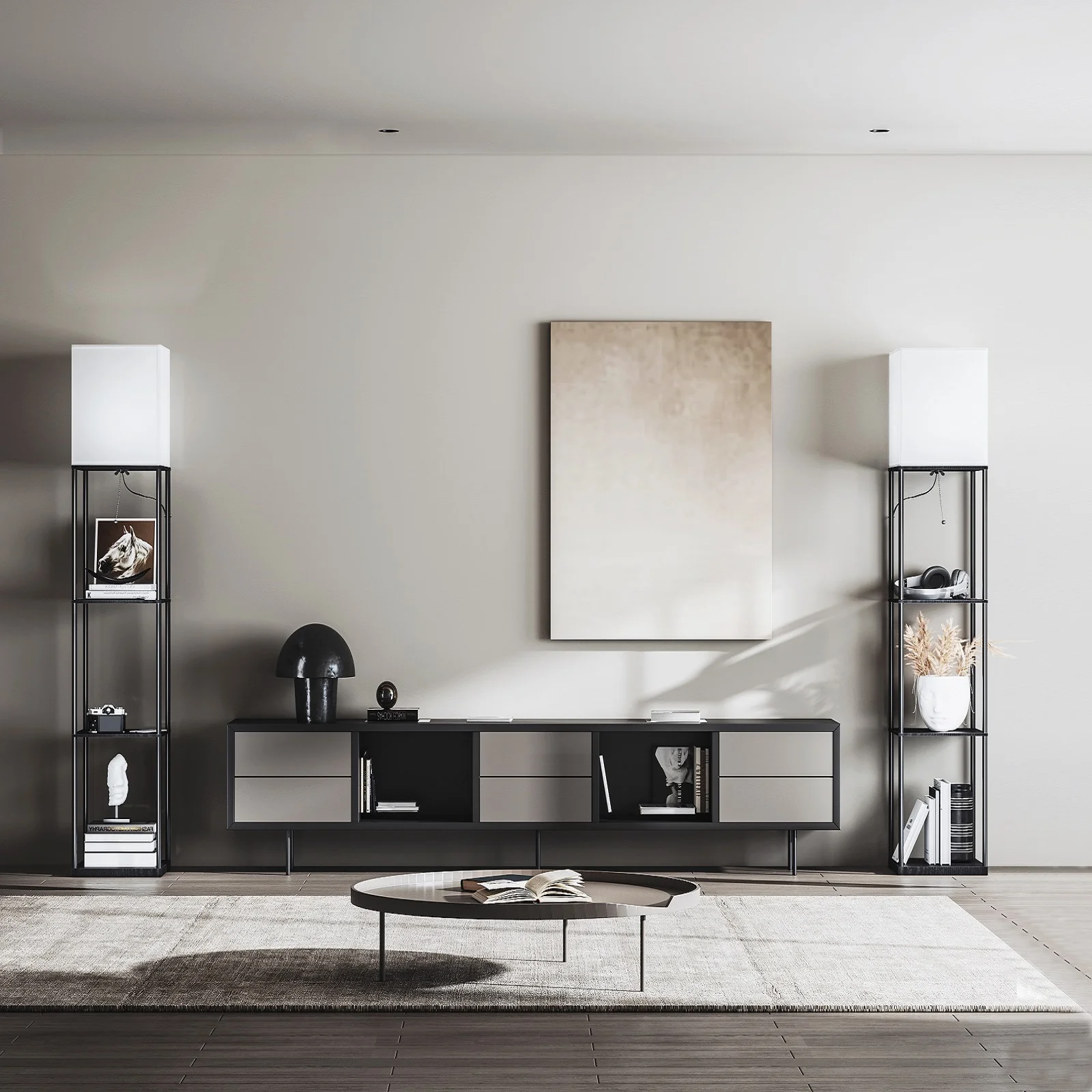 SUNMORY Floor Lamp with Shelves, Modern Square Standing Lamp with 3 Color Temperature Bulb, Corner Display Bookshelf Lamp for Living Room and Bedroom(Black)