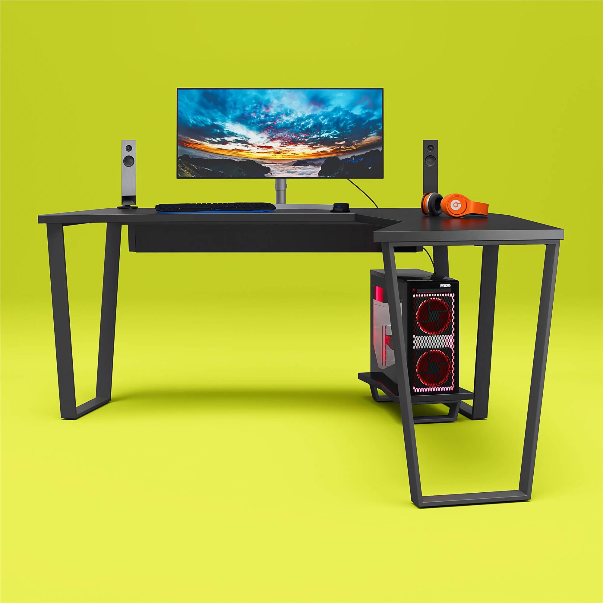 NTense Maxed Gaming L Desk with CPU Stand, Black