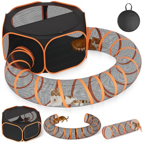 Outdoor Cat Enclosures Tunnel Playpen - Large Portable Playpen Indoor Collapsible Cats Enclosure with Shade Cover 2 Tunnels for Small Pets Animal Outside Catio Happy Travel Camping Back Yard