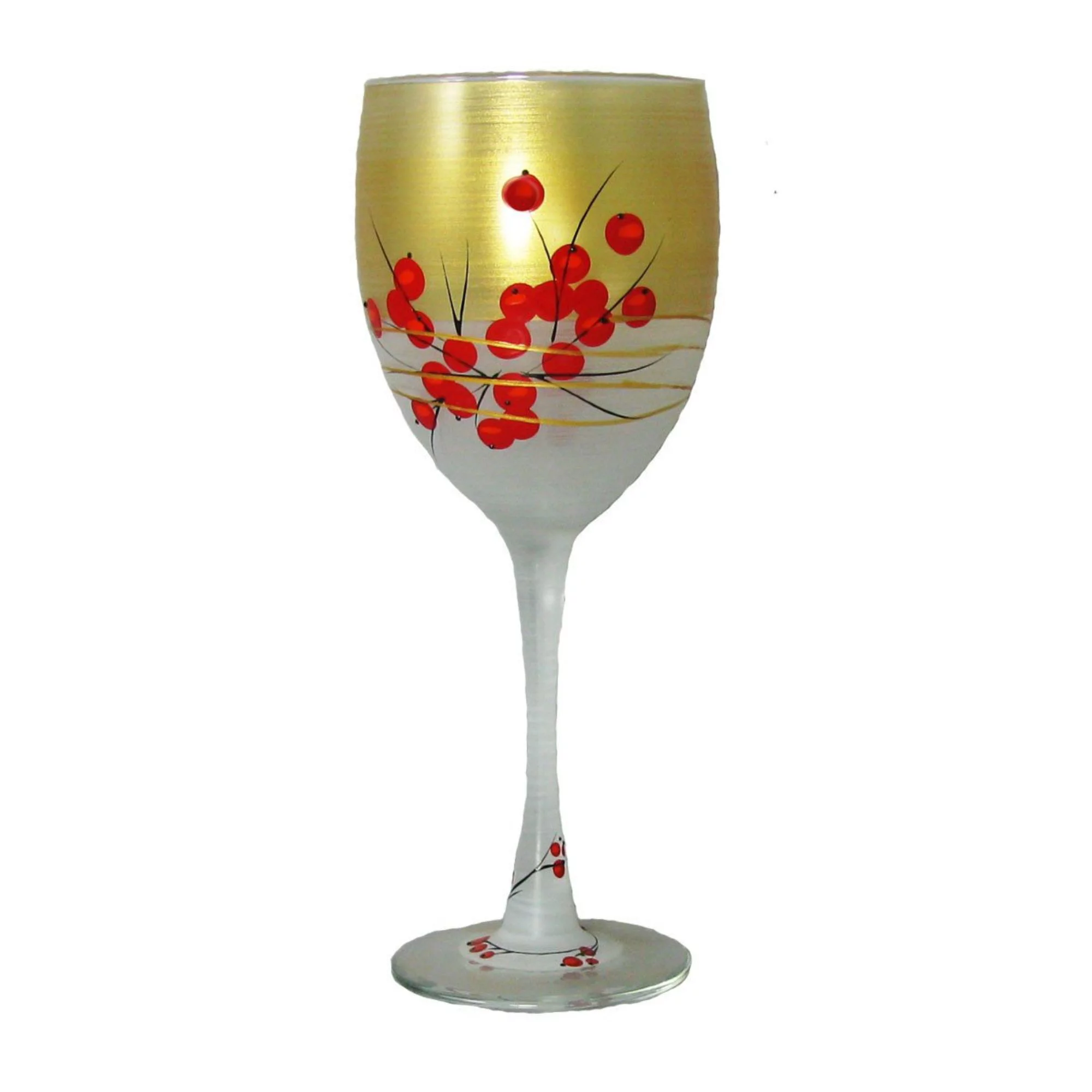 Crafted Creations Set of 2 Gold and Red Berries Hand Painted Wine Drinking Glasses 10.5 oz.