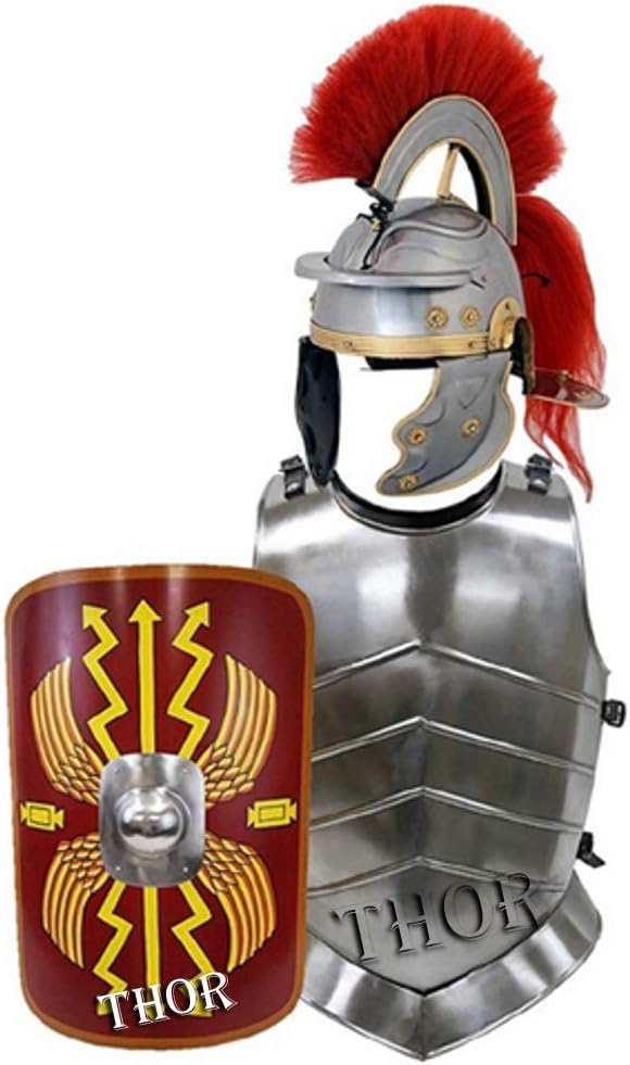 THOR INSTRUMENTS Roman Centurion Medieval Helmet Red Plume Armor Breast Plate Jacket & Red Roman Shield Rustic Vintage Home Decor Gifts