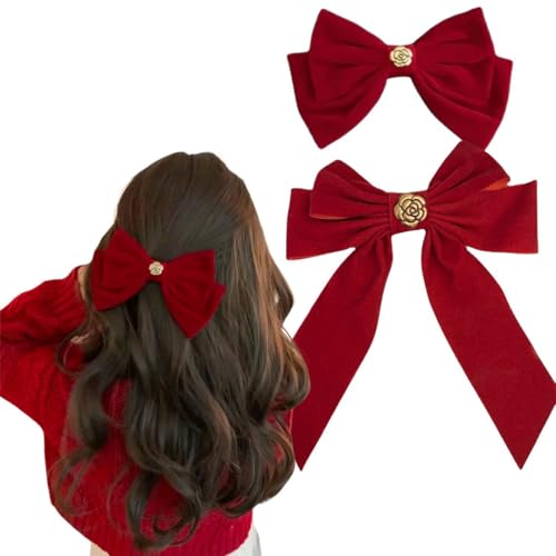 Large Velvet Hair Bow Clip with Metal Rose Accent, Pack of 2, Red