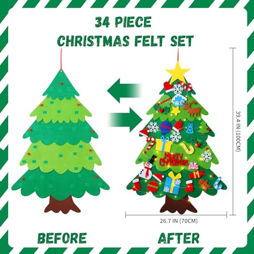 YCoisini Felt Christmas Tree for Toddlers, 3.2ft My First Christmas Tree for Kids, 34 Ornaments Wall Hanging DIY Xmas Decorationse with String Light (Batteries Not Included), Two-Tone Version