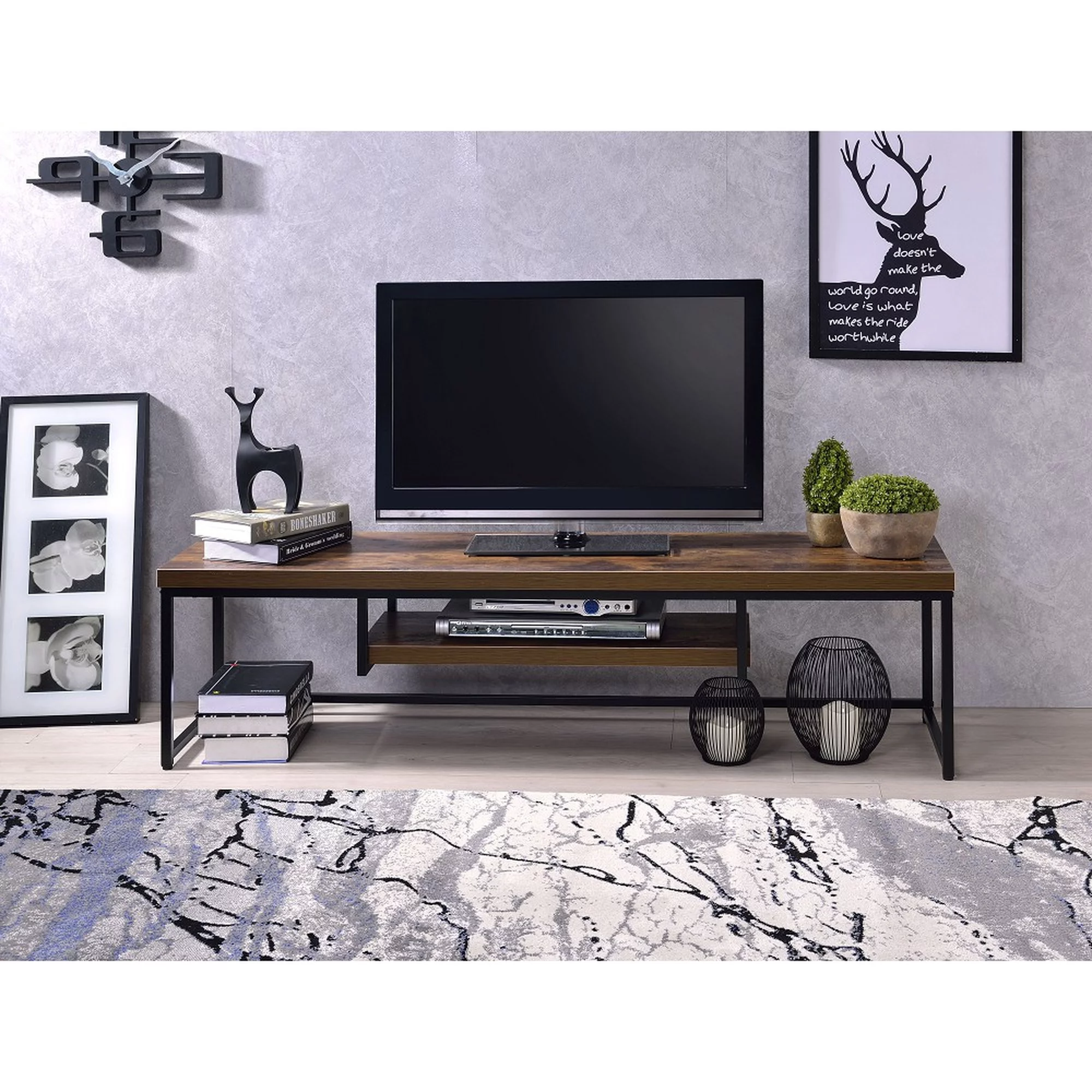 Miekor Furniture Bob Tv Stand in Weathered Oak & Black