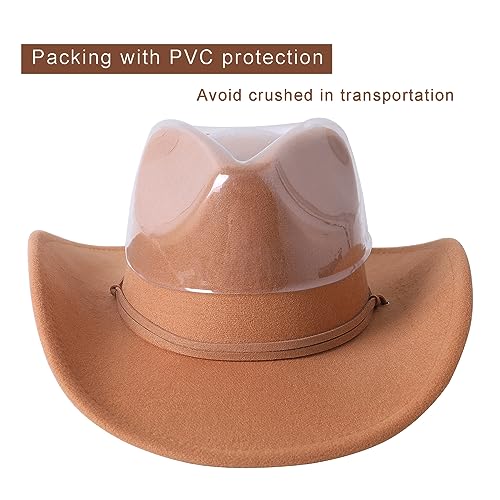 Lanzom Women Men Retro Felt Wide Brim Western Cowboy Cowgirl Hat Dress Up Hat with Wind Lanyard