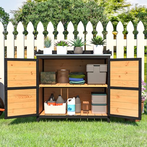 Potting Bench, Outdoor Storage Cabinet with Metal Table Top, Garden Potting Bench Table, Solid Wood Patio Furniture, Garden Workstation with Large Space Storage & Metal Hook