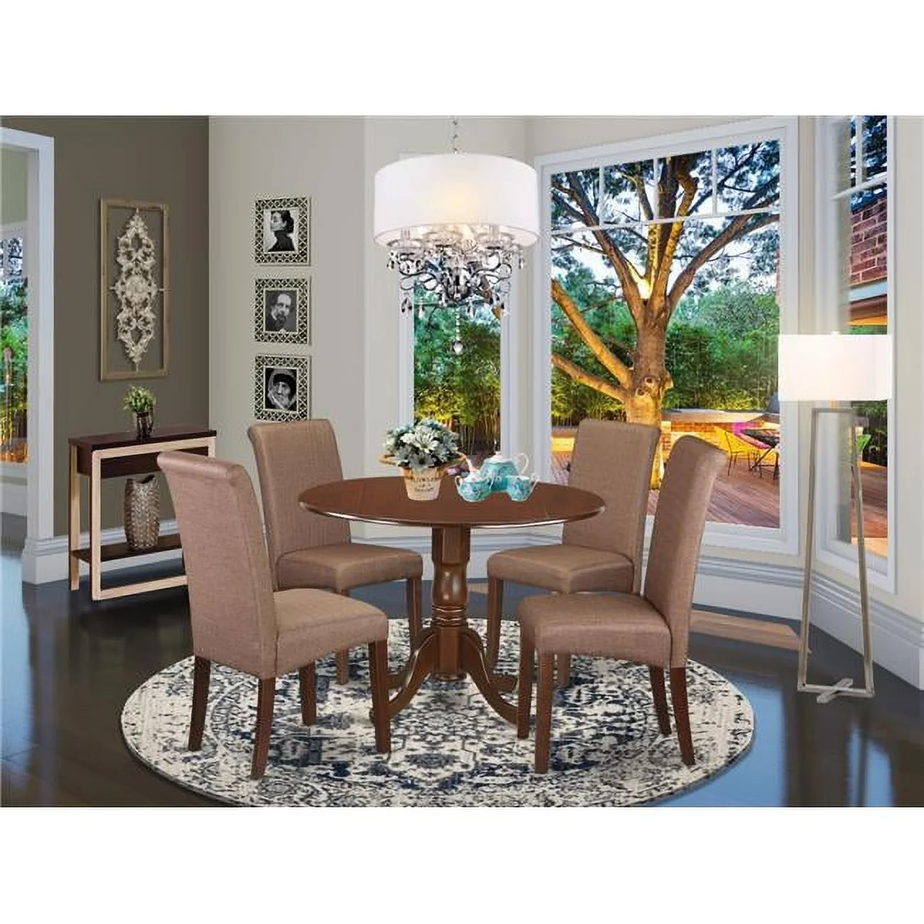 East West Furniture  5 Piece Dublin Small Round Table with Linen Brown Fabric Parson Chairs with Mahogany Chair Legs