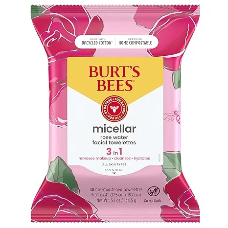 Burts Bees Micellar Makeup Removing Facial Cleansing Towelettes, Rose Water, 30 Ea, 6 Pack
