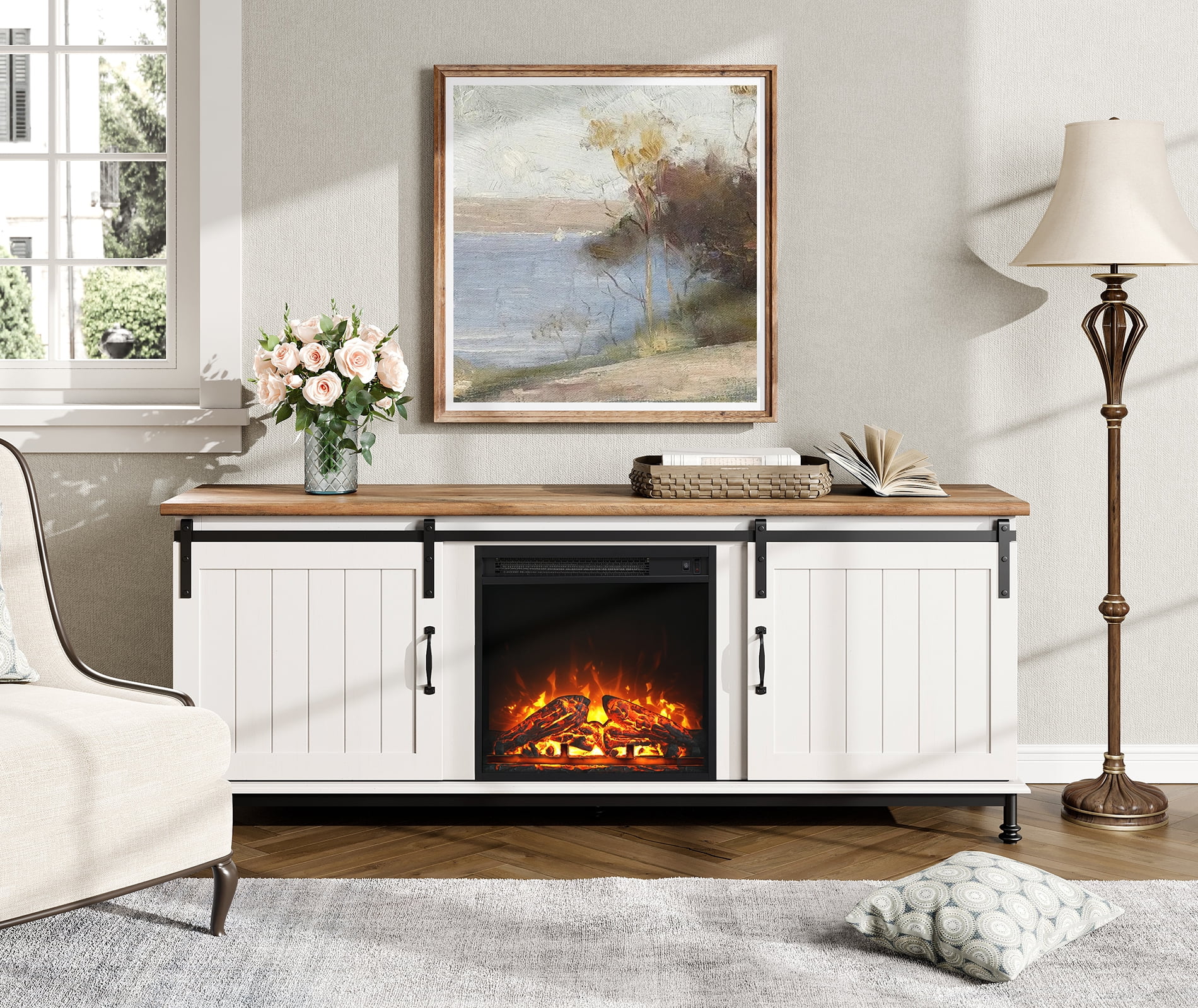 WAMPAT TV Stand with 18'' Electric Fireplace for 65 75 Inch TV, Farmhose Entertainment Center with Sliding Barn Door, Fireplace Storage Cabinet Wood Media Console Table for Living Room, White