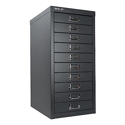 Bisley 10-Drawer Steel MultiDrawer Cabinet - Black, Chrome Pull Handles with Label Holders, Powder-Coated Steel, Removable Drawers, Fits Under Most Desks, Labels Included