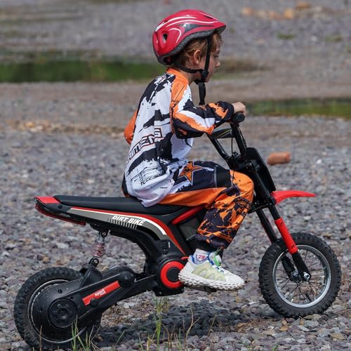 Aosom Electric Dirt Bike with Twist Grip Throttle, 24V 350W Off-Road Electric Motorcycle, Up to 15 MPH with Brake, Music Horn, Rear Suspension for Ages 13+ Years, Red